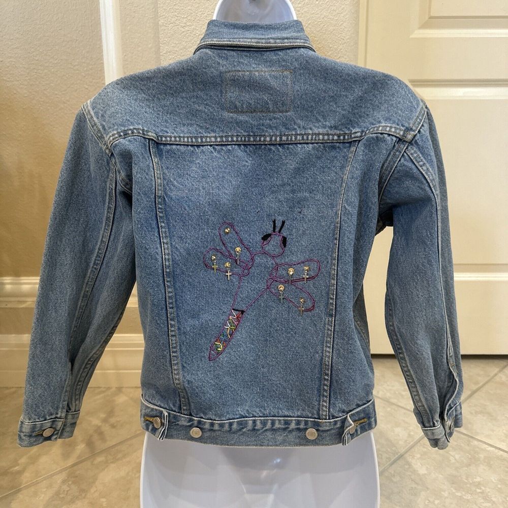 Upcycled Blue Denim‎ Jean Jacket Medium Refashion Custom Design Dragon Fly